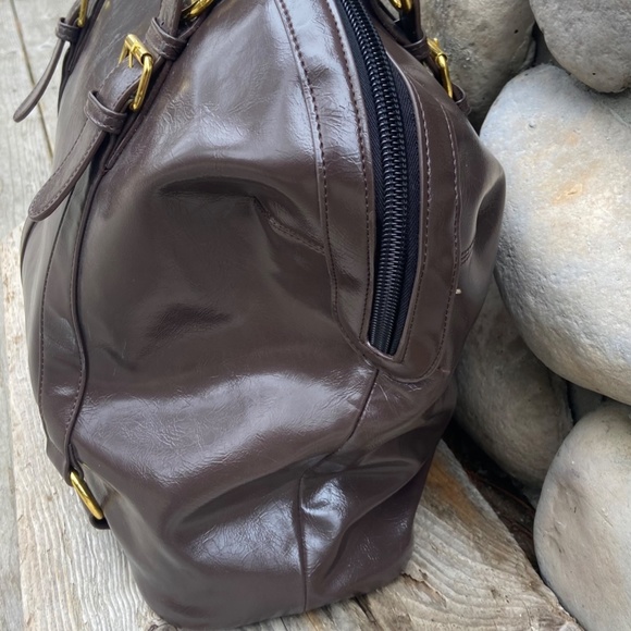 IMAN Brown Faux Leather Double Handle Satchel Travel Bag - Picture 5 of 7